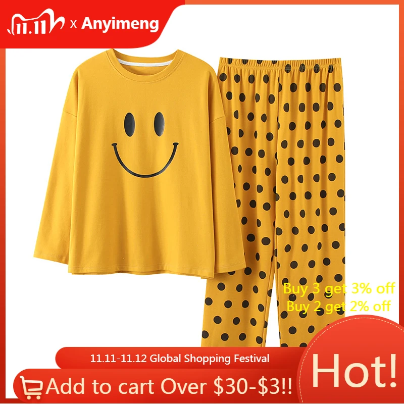 

Two Piece Set Autumn Winter New Pajamas for Women 100% Cotton Pijamas for Young Lady Asian Size Long Sleeve Long Pants Sleepwear