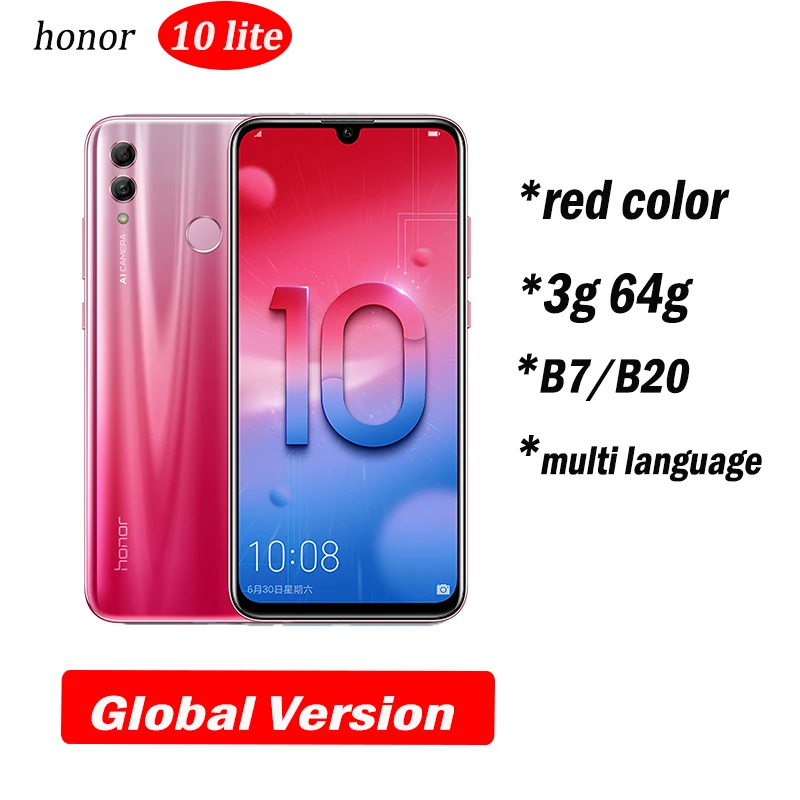 3g64 RED global v Honor 10 Lite honor 10 смартфон 6,21 дюймов 2340*1080 Восьмиядерный мобильный телефон 3 камеры отпечаток пальца - Цвет: 3g64 RED global v