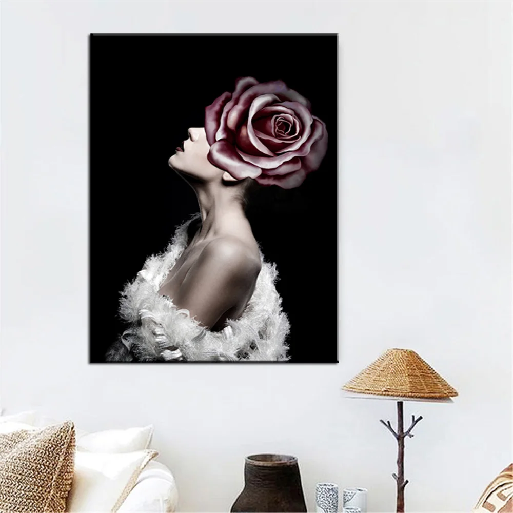 Скандинавские плакаты и принты портрет девушки цветка стены искусства холст