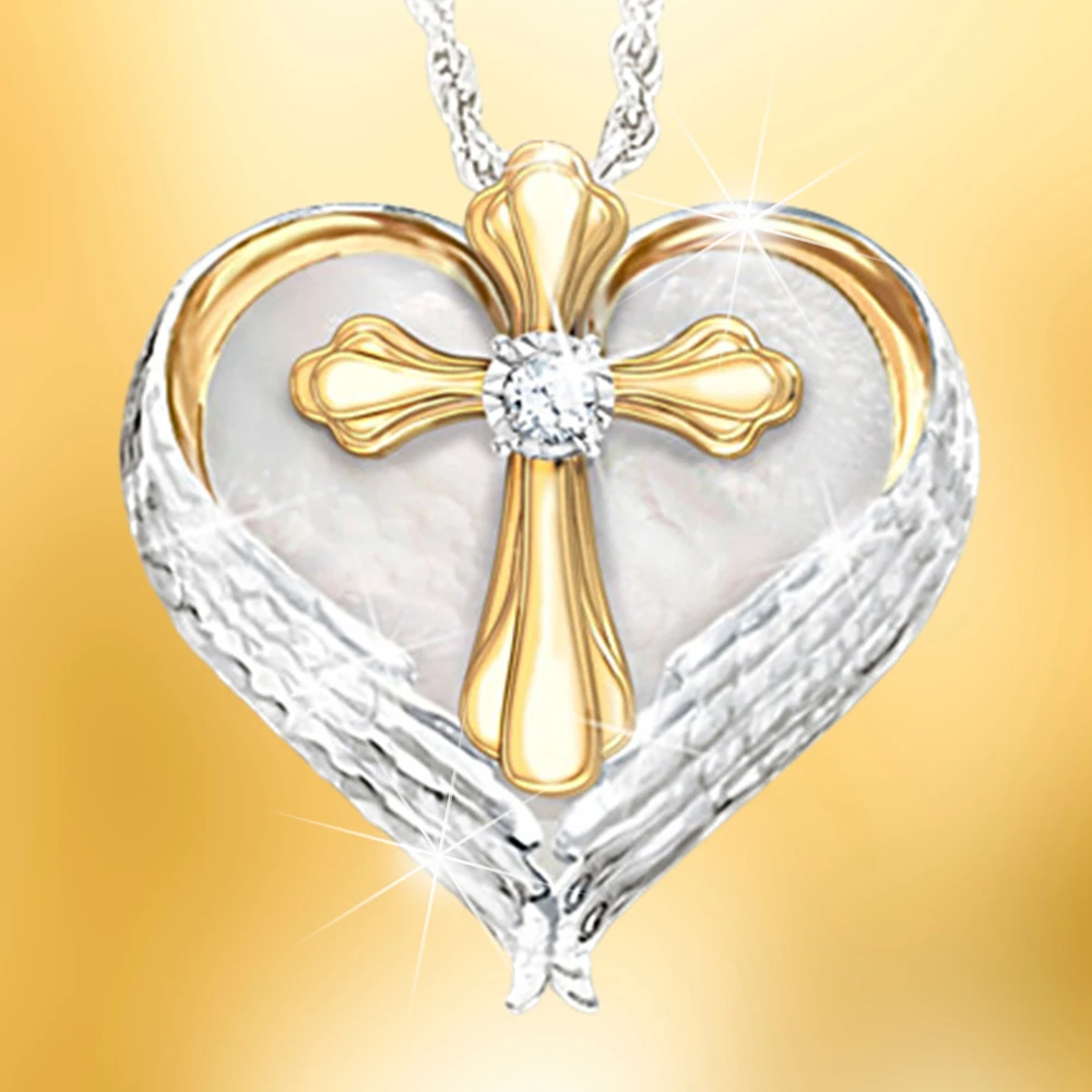 

Romantic Women's Heart Shaped Cross Angel Wings Pendant Necklace Fashion Women's Necklace Exquisite Pendant Valentine's Day Gift