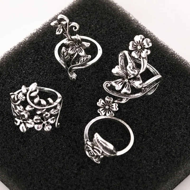

2020 Wholesale 4Pcs/Set Bohemian Retro Crystal Flower Leaves Hollow Ring Set Women Wedding Anniversary Jewelry Gift