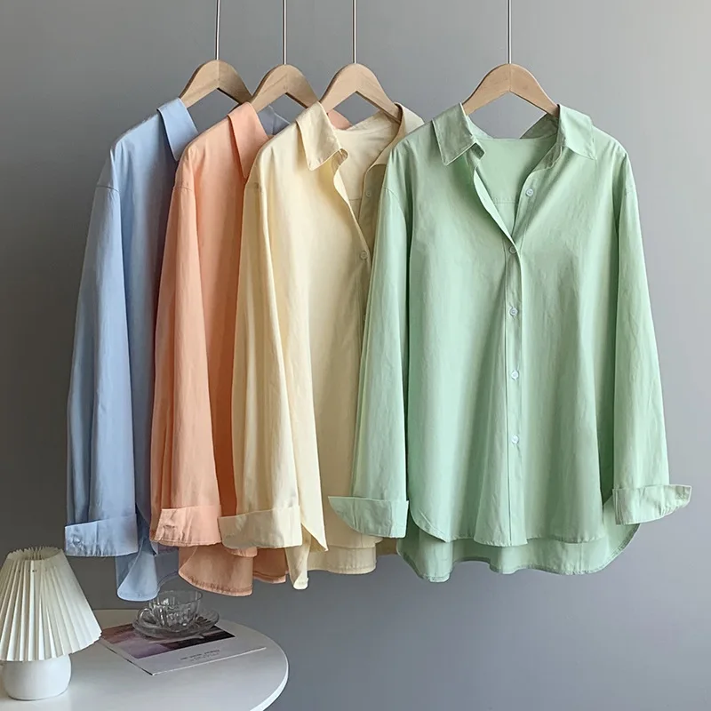 

2021 Women Spring Blouses Turn Down Collar Pure Color Womens Tops And Blouses Fashion Women Cotton Shirt Blusas Roupa Feminina