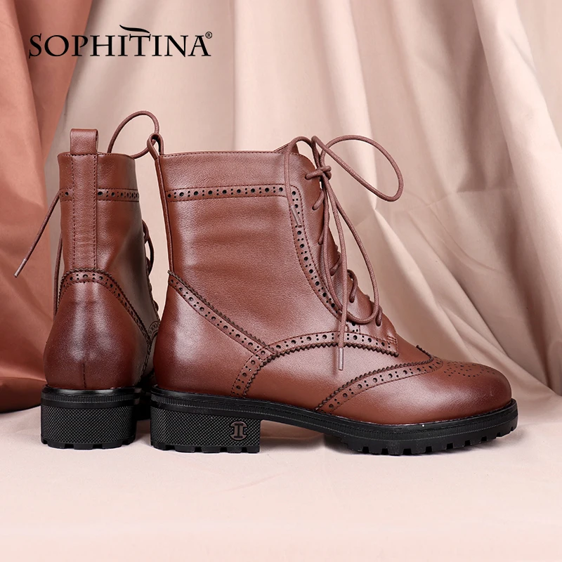 Harga Sepatu Bot Wanita Baru SOPHITINA Sepatu Bot Pergelangan Kaki Wanita Kulit Asli Nyaman Kasual Sepatu Hak Persegi Diikat Silang Sepatu Wanita Antiselip C850