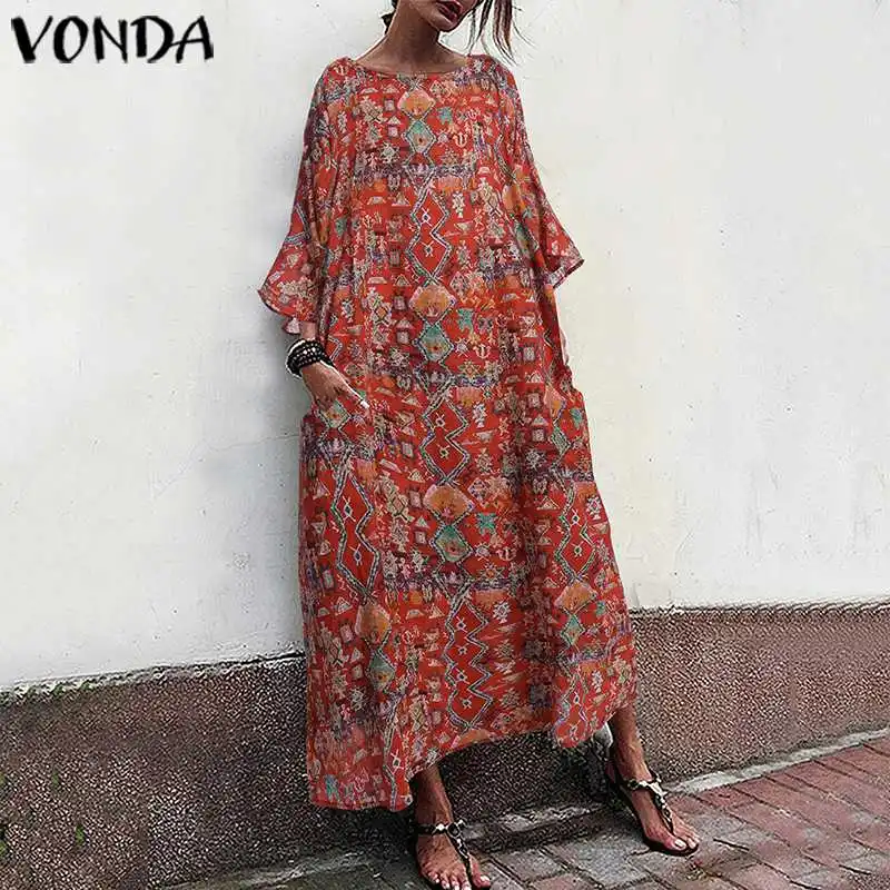 VONDA женское винтажное платье 3/4 с расклешенными рукавами и принтом Макси Длинные платья Весна Лето Сарафан повседневные свободные вечерние платья 5XL
