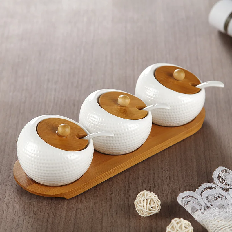 Bamboo Frame Covers Ceramics Condiments Bottles Kitchenware Seasoning Pots Spoons Pocerlain Creative Spices Salty Storage Box | Дом и сад