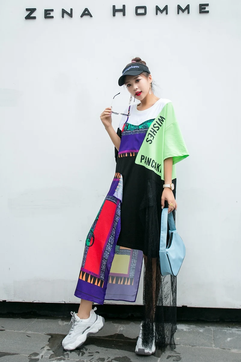 

2021 Fashion New Loose Splice Lace Asymmetric Round Neck Dress Free Shipping