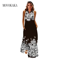 movokaka spring summer maxi dress casual beach holiday v neck sleeveless female dresses party elegant flowers print dress black
