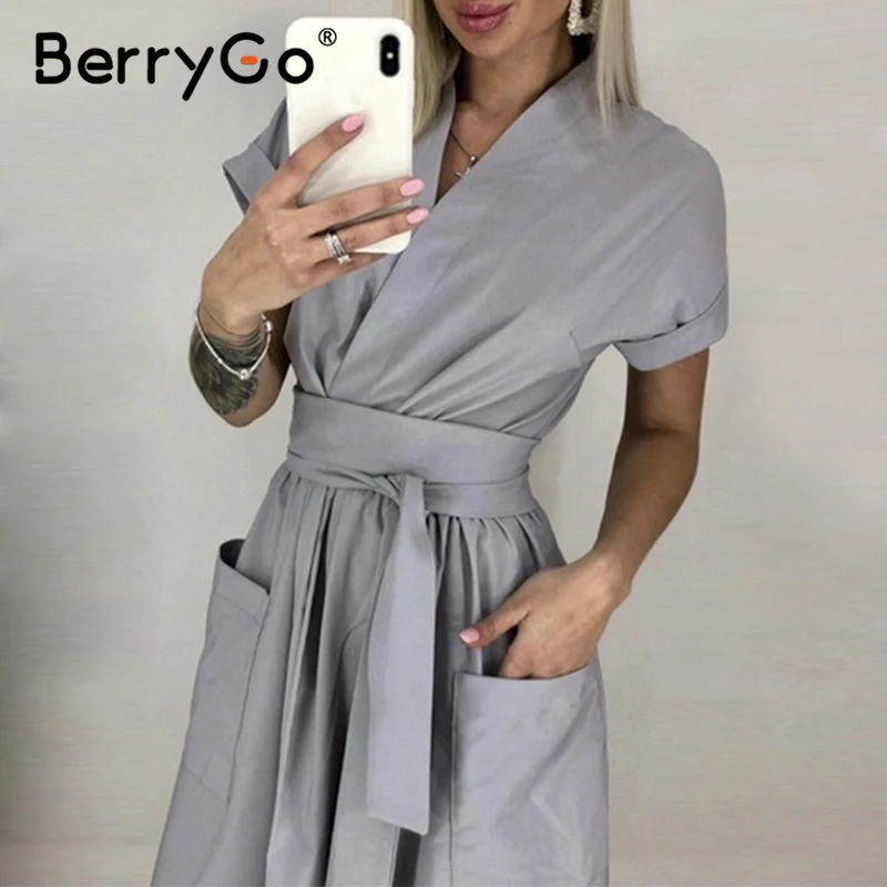 Женское Повседневное платье с поясом BerryGo офисное трапециевидной формы коротким