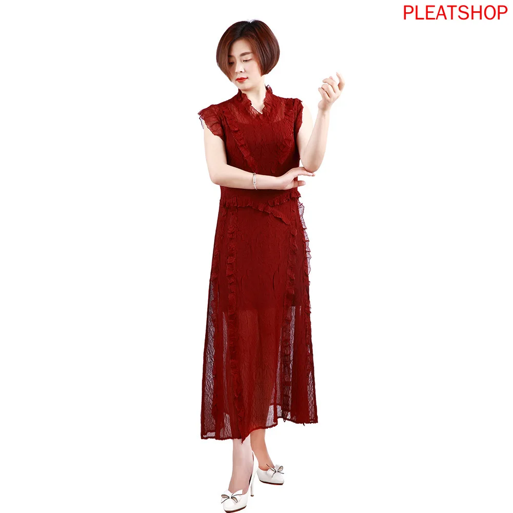 

Miyake New Three-dimensional Pleated Design Lace V-neck Eight-Color Gorgeous Mid-Length Micro-Transparent Dress