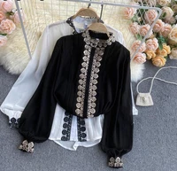 womens vintage embroidery blouses 2021 spring autumn chiffon blouse puff long sleeve plus size tops shirts blusas mujer