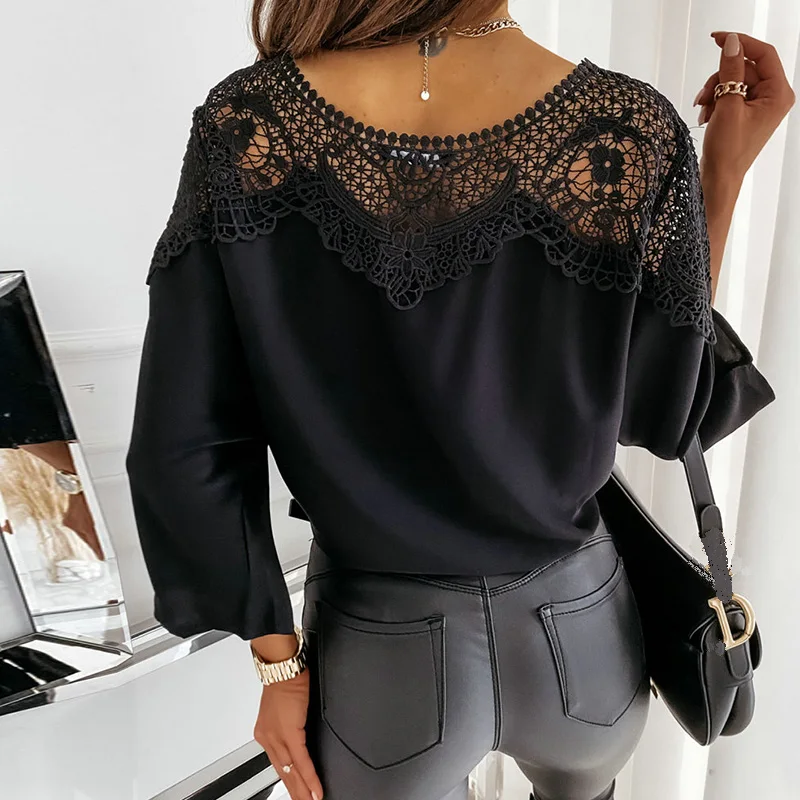 

2021 Fashion Sexy Round Neck Loose Lace Patchwork Hollow Out Long Sleeve Bandage Women Blouse Sexy Women Tops and Shirt
