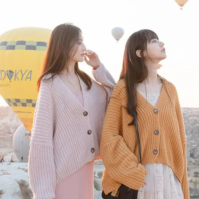 Women Casual Solid Color Sweater Korean Style Cardigan Vintage V Neck Bat Sleeve Button Loose Warm Knitwear |