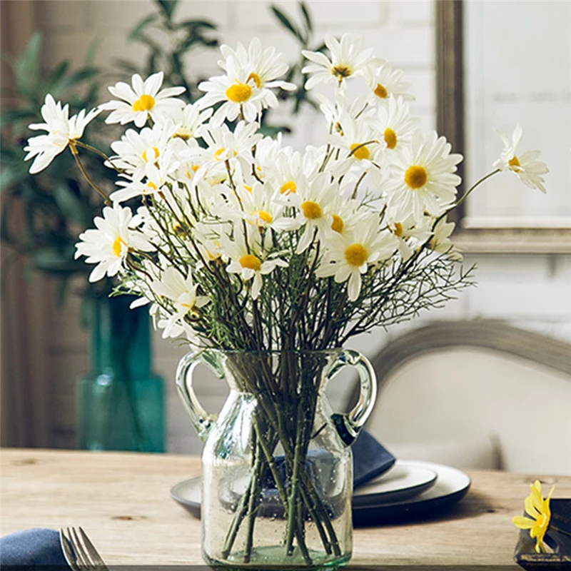 

5pcs White Small Daisy Artificial Silk Flowers 50cm Flower Branch Home Decoration Tabletop Bouquet Wedding Party Fake Florals