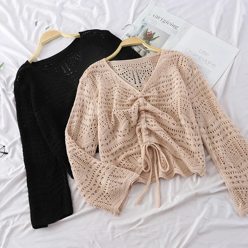 

Heliar Autumn Bow Drawstring Knitted Blouse Sun screen Tops Thin Solid Sexy Hollow Out Blouse Long Sleeve Green Tops