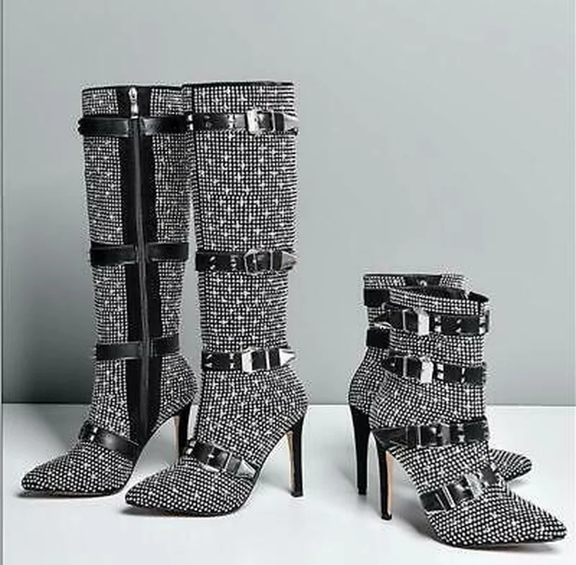 Ladiesn Stilettos High Heel Ankle/knee Thigh Boots Studded Rhinestones Shoes Crystal Womens Genuine Leather Belt Buckle Sz | Обувь