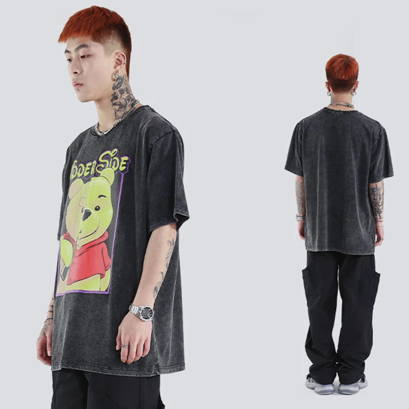 

Summer ins bear printing washed do old short sleeve T-shirt lovers oversize men and women