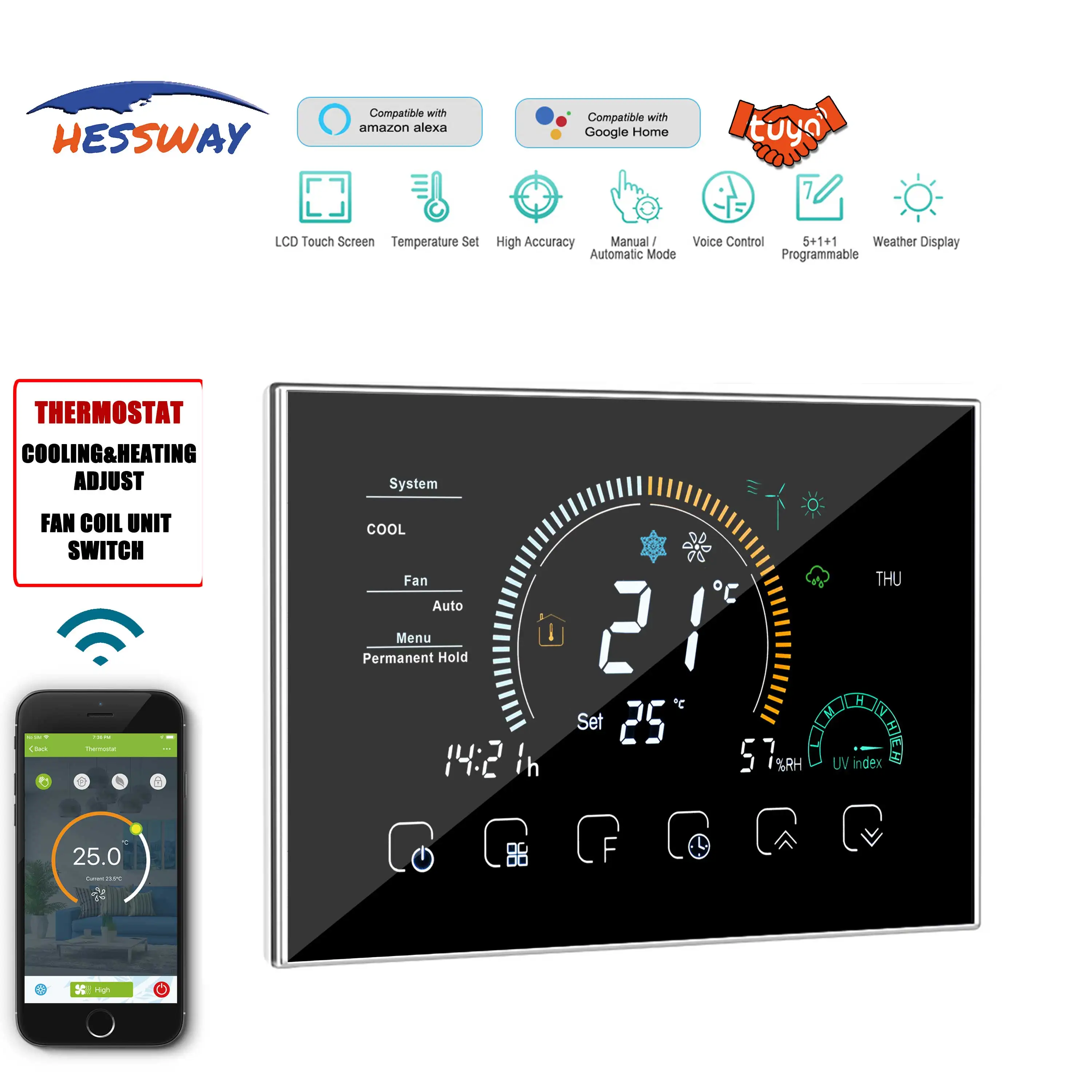 TUYA WIFI NEW Central Air Conditioner Thermostat Temperature Controller for 2P/4 Pipe 3 Speed Fan Coil Unit 4.8 Inch Screen