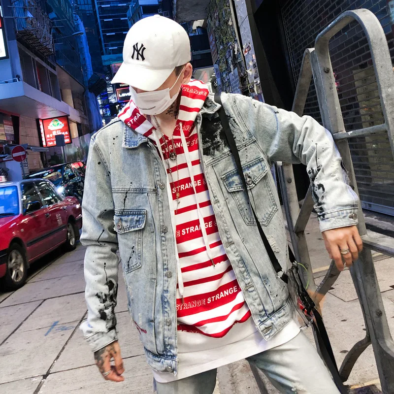 Мужская джинсовая куртка с аппликацией в стиле хип хоп Rock Повседневная Уличная
