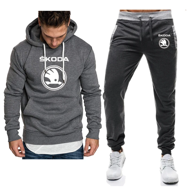 

collocation Spring Autumn Men's suits Skoda Car Logo printing high quality Harajuku Men's Hoodie+High Waist Pants 2-piece set