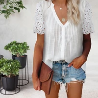 summer 2021 new style commuter elegant lace petal sleeves solid color v neck casual fashion loose short sleeved ladies shirt