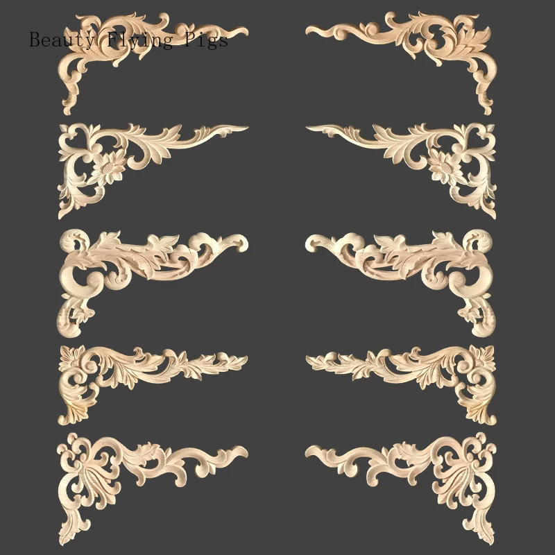 

1Pcs Dropshipping classic wood carving flower solid wood flower corner decoration patch home cabinet door complete decoration
