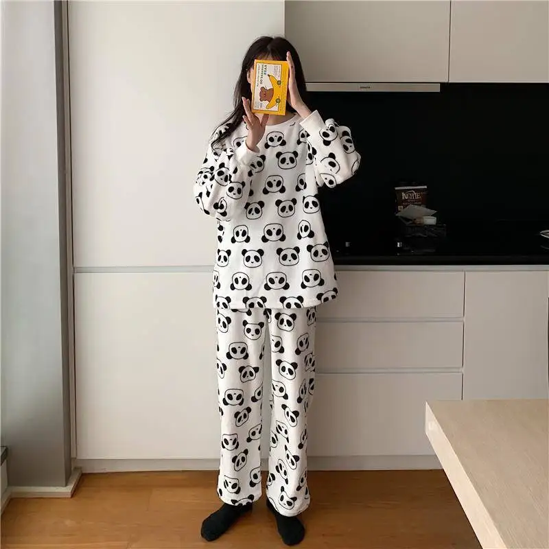 Женские теплые зимние фланелевые пижамы одежда для сна Kawaii Panda комплект из двух