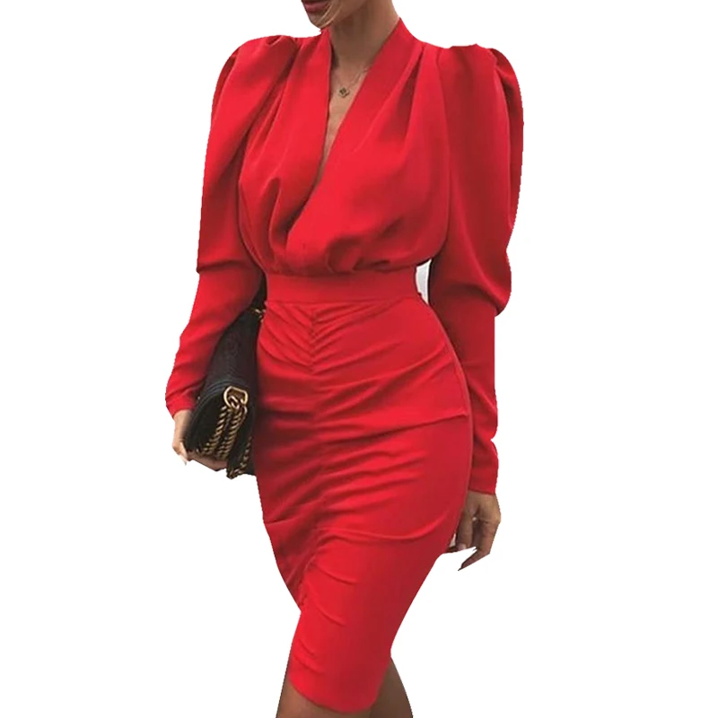 Женское облегающее платье с V-образным вырезом длинным рукавом и рюшами | Женская