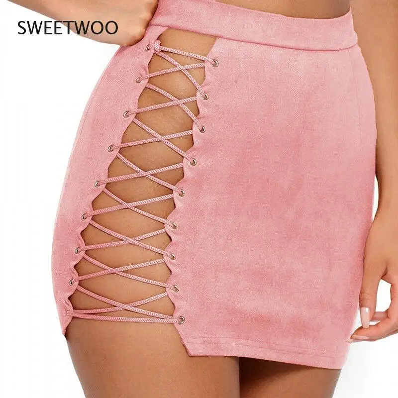 

Sexy Women Set Summer Ladies Suede Vest Tube Crop Tops Bandage Pencil Skirt 2 Pieces Slim Fit Women Suit