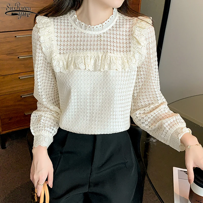 

French Elegant Long-sleeved Lace Blouse Autumn Ruffled Fairy Simple Vintage Shirt All-match Crocheted Polka Dot Hollow Top 17050