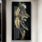 Настенная картина с золотыми абстрактными листьями и цветами в скандинавском стиле, холст с золотыми листьями, декор для гостиной