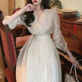 Осень 2021, элегантное винтажное платье миди, женское милое вечернее цельное платье, корейское повседневное однотонное платье с длинным рукавом для...