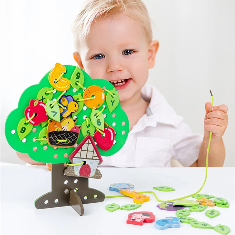 

Children Stringing Threading Beads Game Wooden Fruit Tree Toy Beaded Early Educational Cartoon Animals DIY Block Toys Gifts