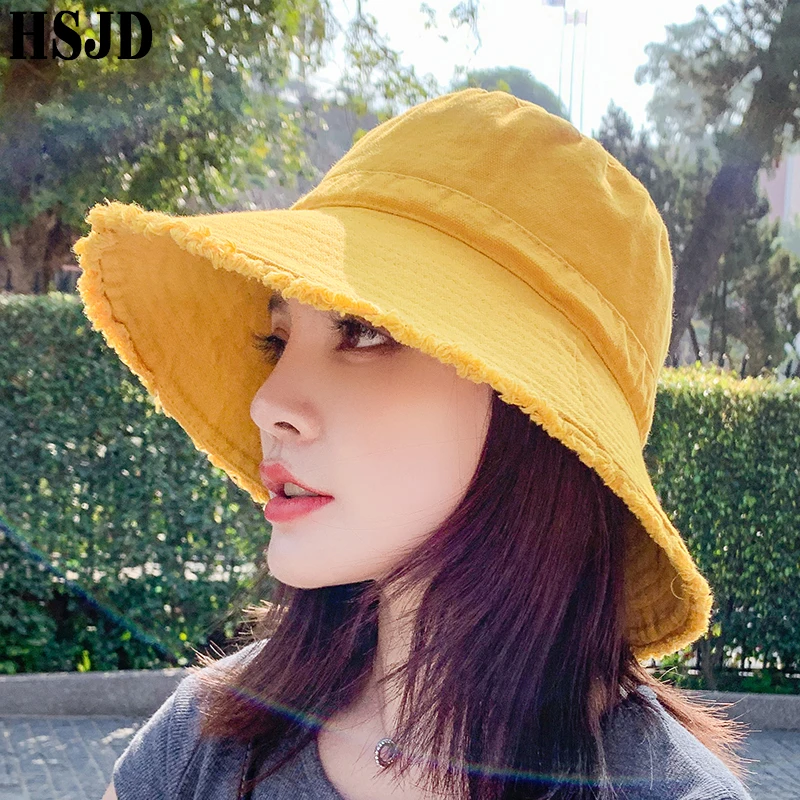 Cotton Dome Top Sun Bucket Hats Solid Panama Women Summer Caps Wide Brim Foldable Outdoor Travel Hat Anti-UV Beach Bonnet | Аксессуары