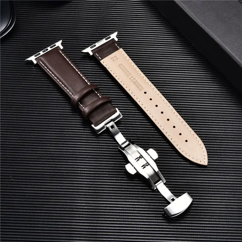 Genuine Leather Watch Straps for Apple Watch 7 6 SE 5 4 3 Replace Butterfly Buckle Watchband 38mm 40mm 42mm 44mm for iwatch