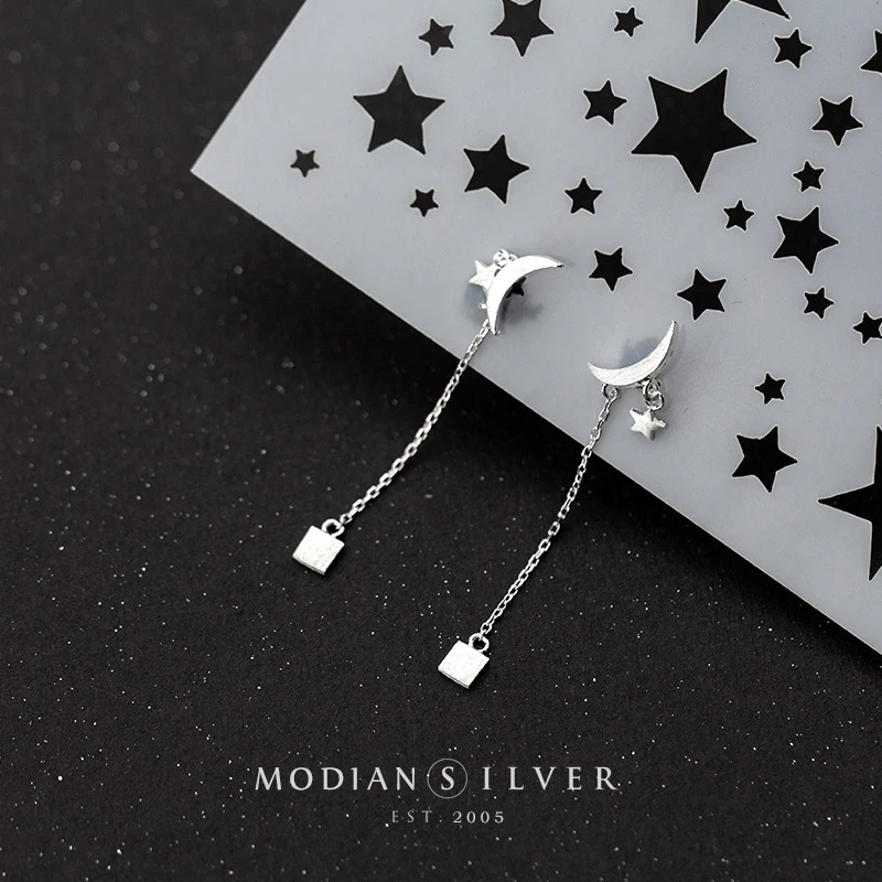 

Modian Hot Sale 925 Sterling Silver Frosted Lovely Moon Stars Long Chain Square Drop Dangle Earrings Fit Women Fine Jewelry Gift