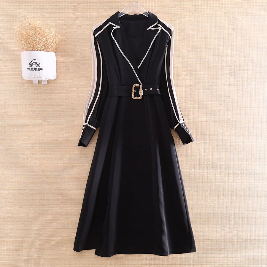

High-end Notched Collar Spring Women Belt Dress Color Matching With Diamonds Elegant Lady Party Dress S-XL