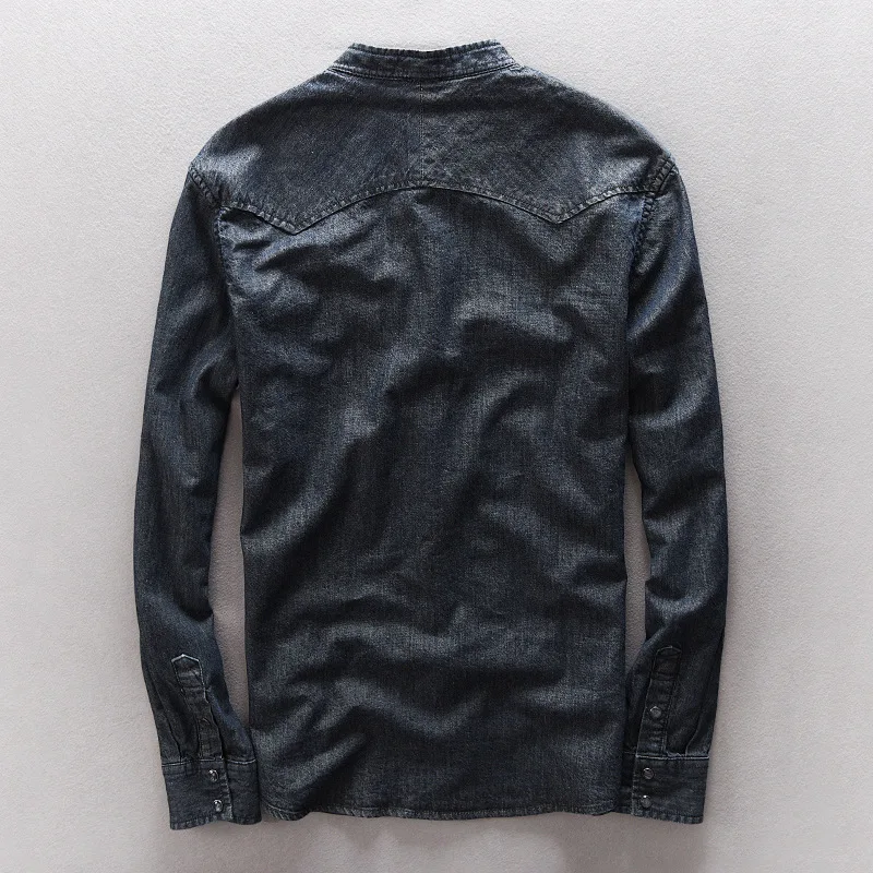 

Men's Denim Stand Collar Camisa Masculina Clothing Long Sleeve Casual Slim Fit Jeans Shirt dress Male