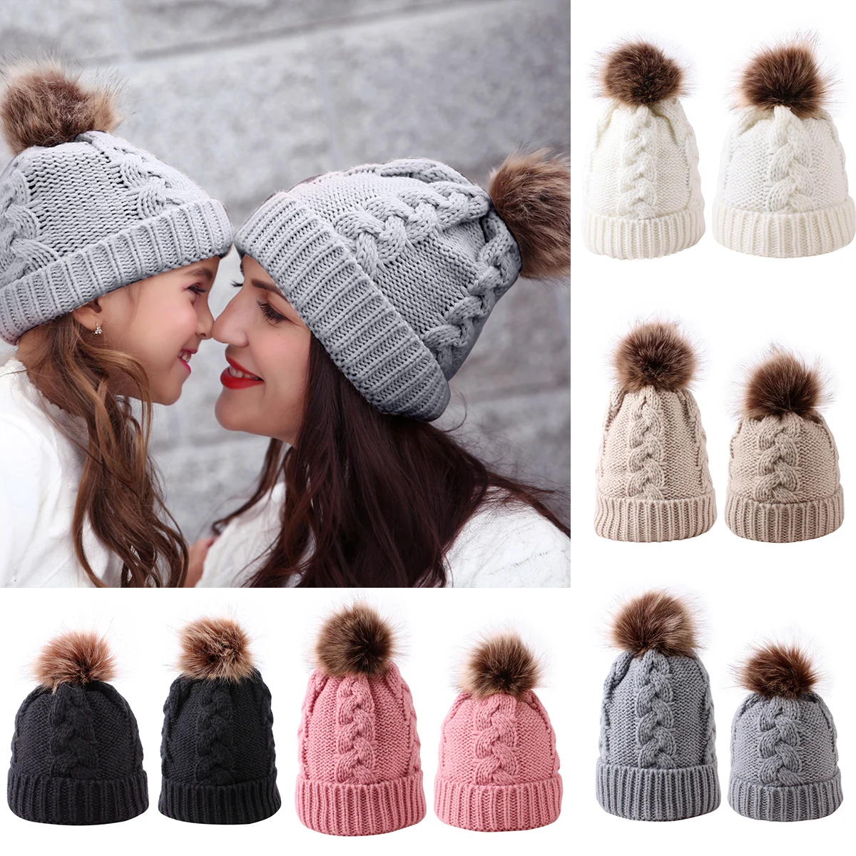 

2Pcs cute Parent-child Caps fashion Infant Baby Pompon Winter Hat Fur Ball Hat Mother Kids Warm Knitted Hat Newborn Beanie Cap