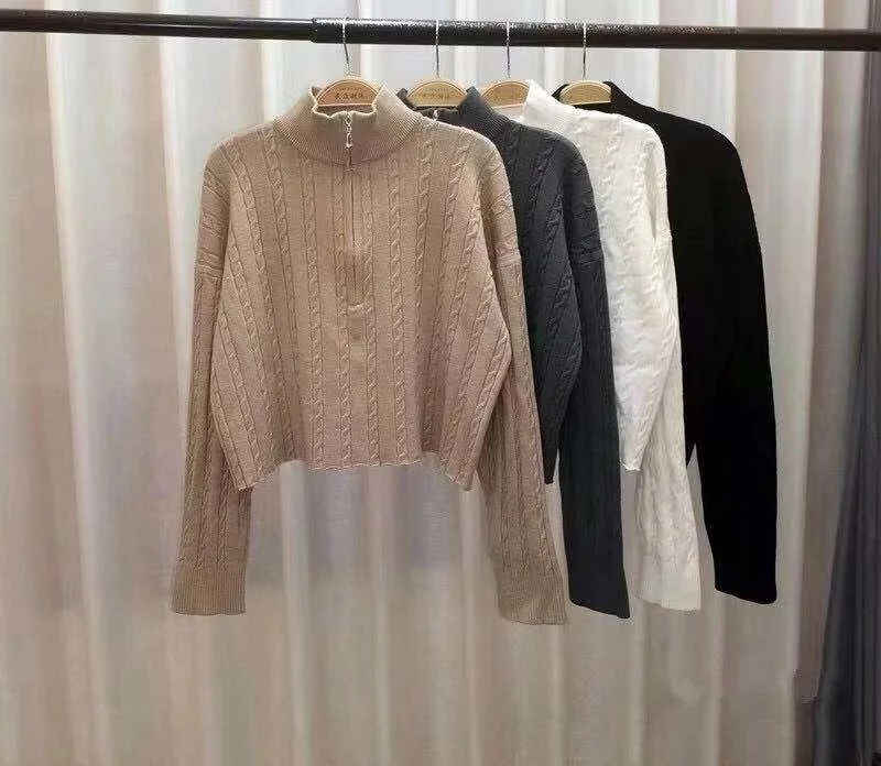 

Cmaz Niche French Style Turtleneck Half Zipper Sweater Women's Spring and Autumn Linen