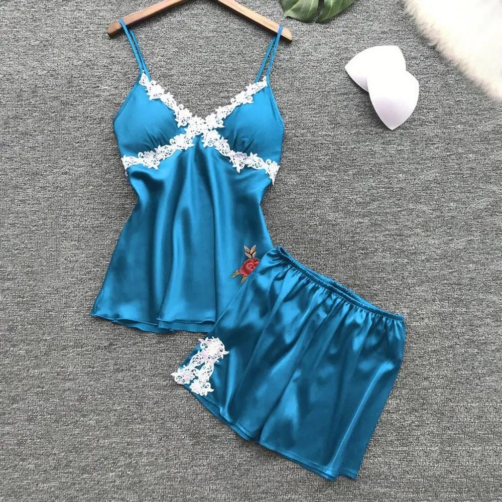 Rose embroidery Women's Sleepwear Pyjama femme 2PC Set Nightwear Ladies Lingerie Sexy Lace Tops Underwear N4 | Женская одежда