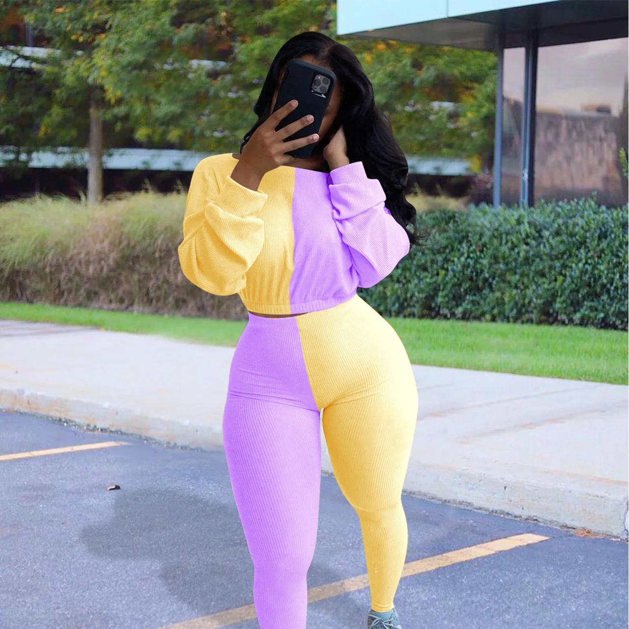 

VS&LLWQ Autumn Two Piece Set Women Ribbed Patchwork Long Sleeve Casual Suit High Waist Pant Set Outfit Tracksuit chandal mujer
