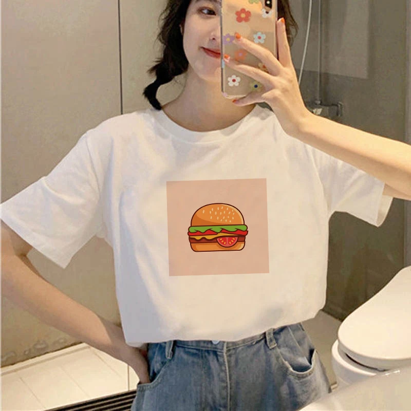 2021 модные футболки с принтом гамбургеров, женские модные повседневные корейские топы, стильные Графические футболки, футболки, женская оде...