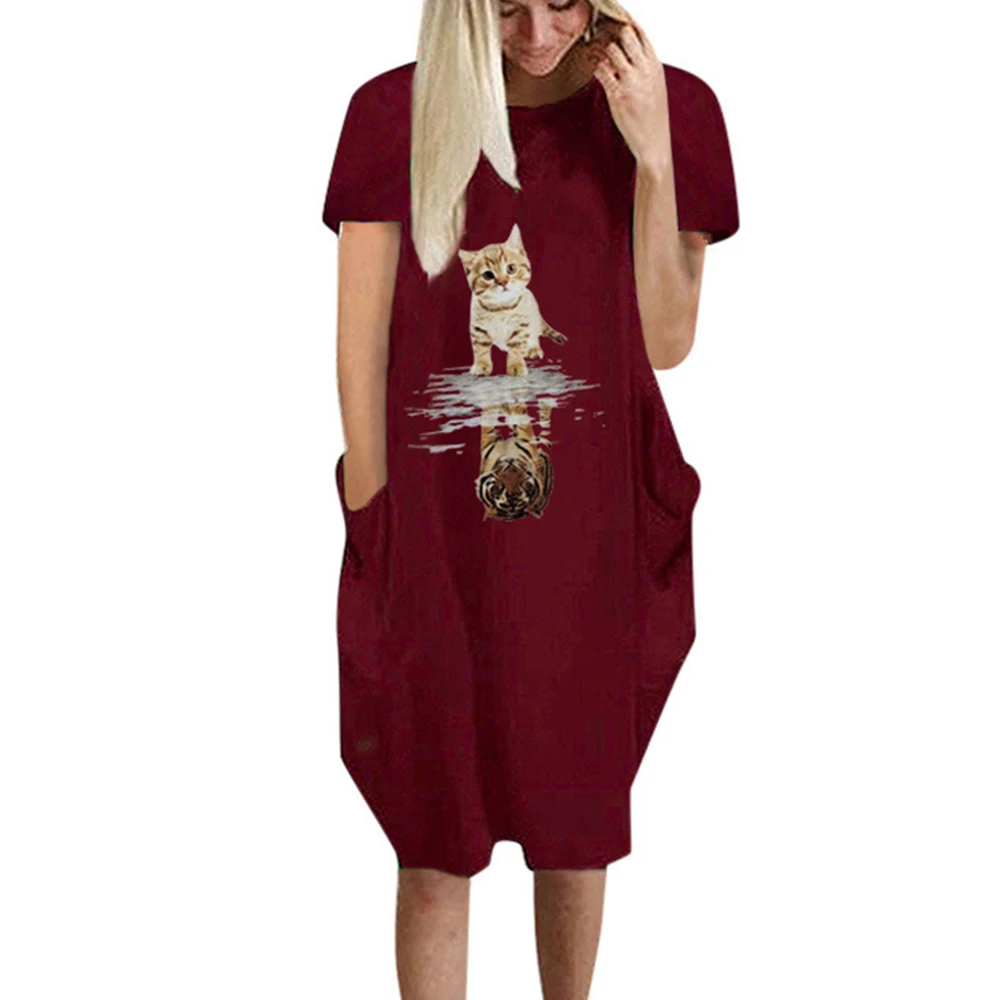 

Women Loose Short Sleeve Dress Cat Pattern Casual O-Neck Dresses Women Summer Plus Size Vestido 2020 S-5XL