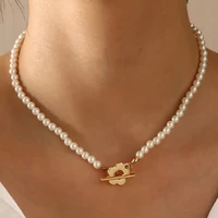 imitation pearl bead chain necklace women classic ot clasp necklace ladies bead chain metal flower women choker bracelet jewelry