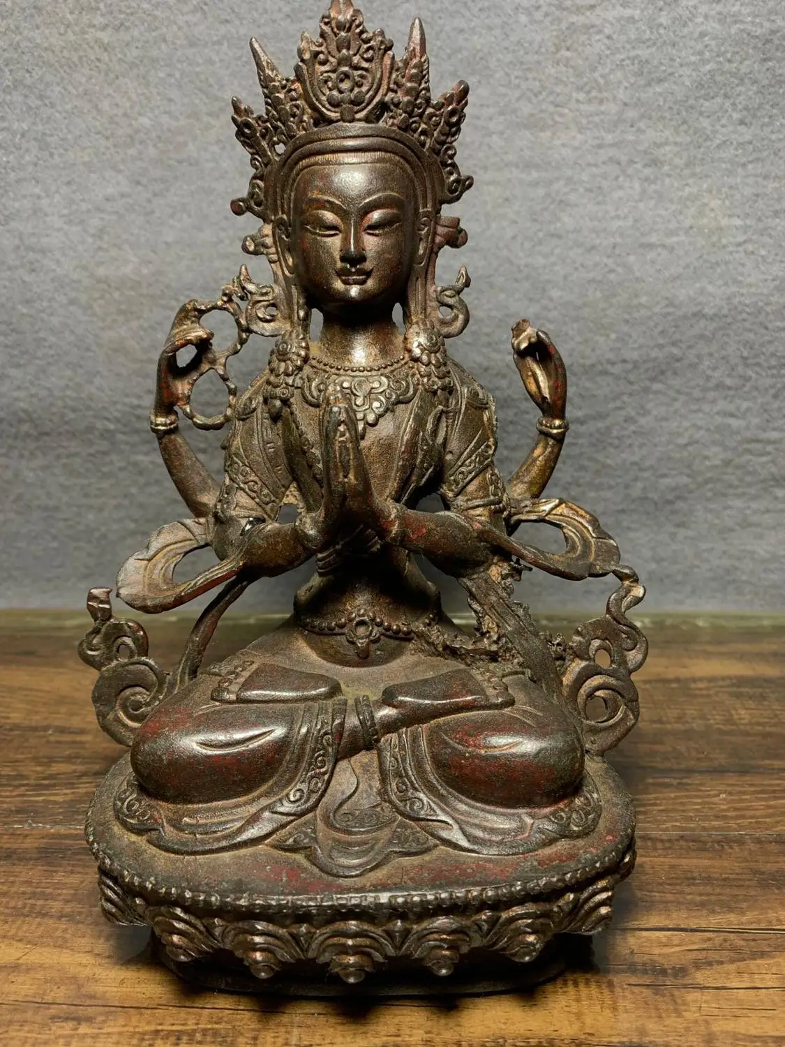 

Home Decor 8" Tibet Buddhism Temple Old Copperware Four-armed Guanyin Buddha Avalokitesvara Amitabha Enshrine the Buddha