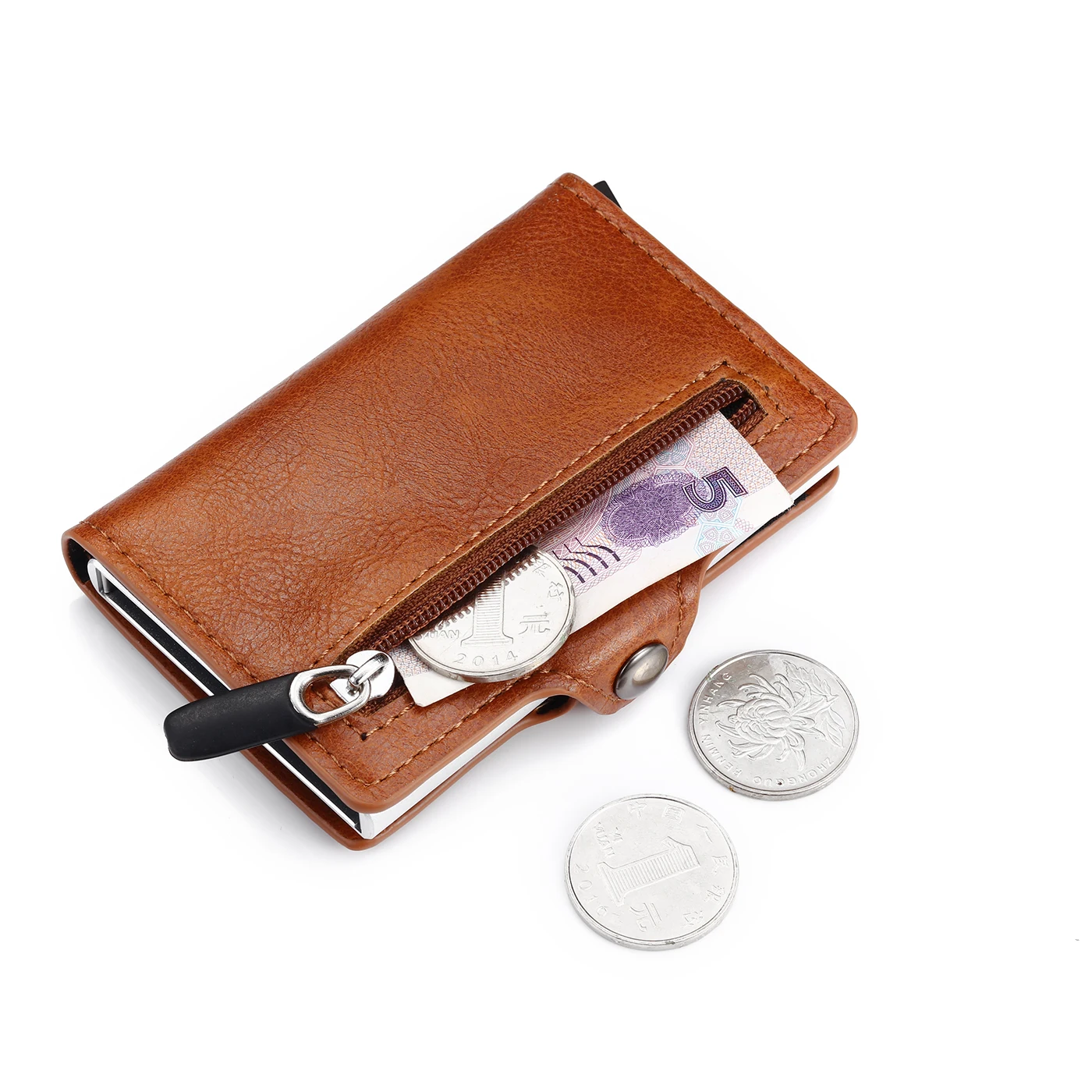 BYCOBECY портмоне Новая алюминиевая коробка для карт кошелек RFID из искусственной кожи держатель для карт Pop Up портмоне магнит углеродное волокно - Цвет: CZ05 Light Brown