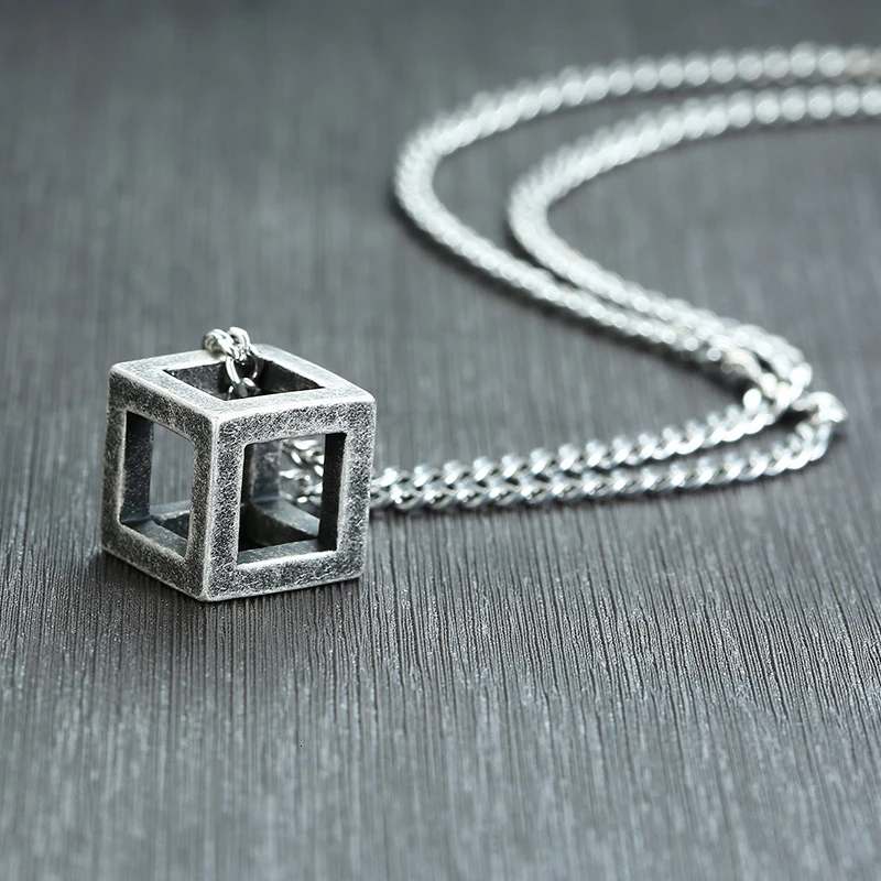 Vintage Necklace Vnox Ретро пустой кубик кулон для мужчин из нержавеющей стали квадратное винтажное ожерелье панковские геометрические колье 2" цепь - Окраска металла: Vintage Necklace
