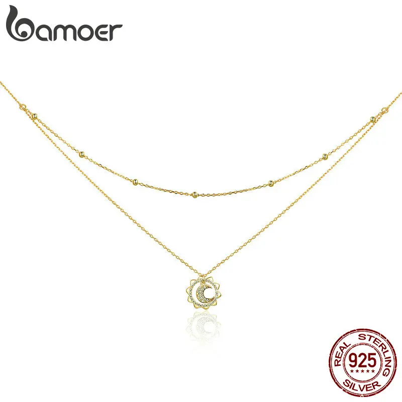 

BAMOER 925 Sterling Silver Vintage Gold Sun and Moon Double Layers Choker Necklaces Pendant for Women Silver Fine Jewelry SCN305