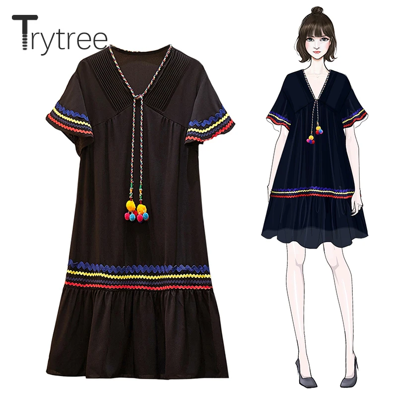 

Trytree 2020 Summer Casual Dress women Lace up V-neck A-line Loose Black Dress Flare Sleeve Fashion Mini Office Lady Dress
