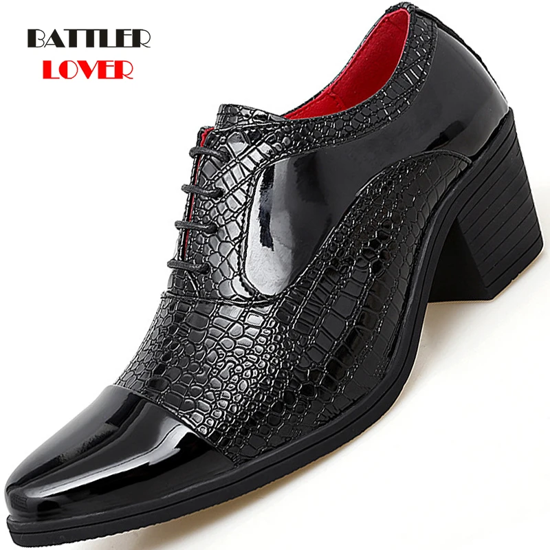 

Black Oxford Shoes For Men Thick 6cm High Heels Patent Leather Casual Dress Shoes Lace Up Pattern Heighten Classic Wedding Party
